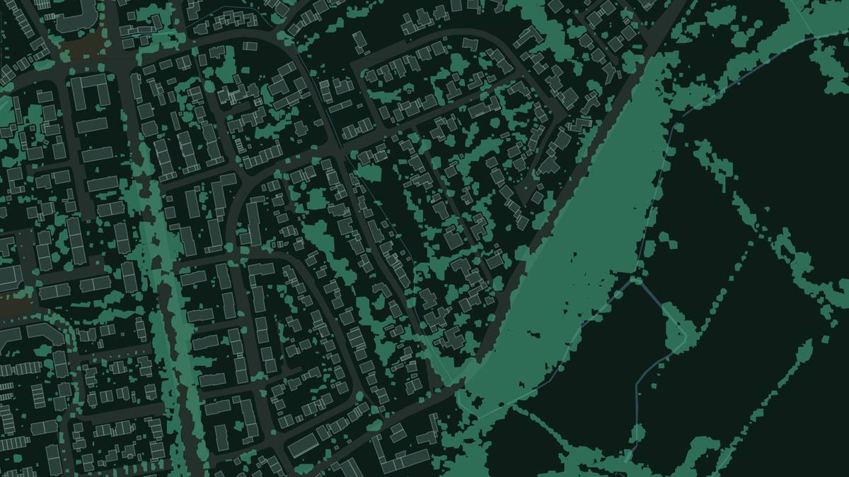 Die Kronenfläche als Fläche statt als Kreis je Baum, gerechnet aus dem Höhenmodell: Sie reicht in Gärten und an Straßenränder, die ein Kreis auslässt.